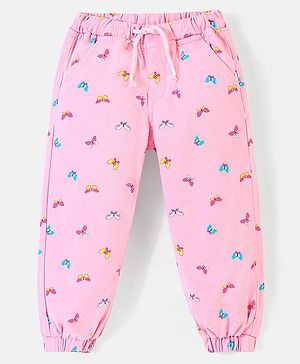 Babyhug Cotton Denim Full Length Stretchable Trouser Butterfly Print - Pink