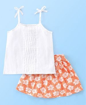Babyhug 100% Cotton Knit Sleeveless Top & Skirt Set Floral Print - White & Orange