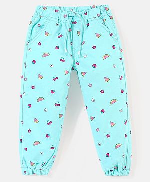 Babyhug Cotton Woven Full Length Stretchable Trouser Strawberry Print - Mint Blue