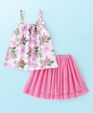 Babyhug 100% Cotton Knit Singlet Sleeves Top & Skirt Set Floral Print - Pink