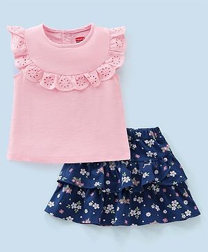 Babyhug 100% Cotton Knit Sleeveless Tops and Layered Skirt Set with Lace & Bow Detailing Floral Print - Pink & Navy