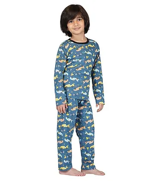 KNITCO Pure Cotton Full Sleeves Cars Race Theme Printed Night Wear - Blue