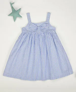 Little Jump Sleeveless Railroad Striped & Bow Embellished Yoke Fit & Flare Seersucker Dress - Blue