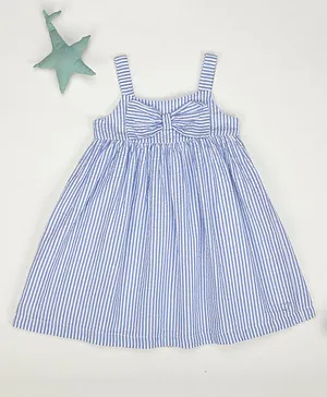 Little Jump Sleeveless Railroad Striped & Bow Embellished Yoke Fit & Flare Seersucker Dress - Blue
