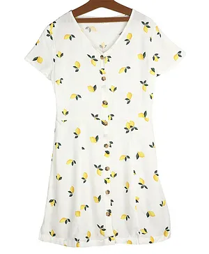 Little Jump Summer Theme Half Sleeves All Over Lemons & Leaves Printed Flare Dress - White