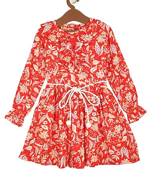 Little Jump Full Sleeves Seamless Leaf Swirl Printed Fit & Flare Dress With Front Tie Up - Red