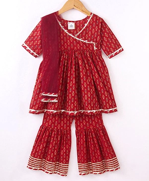 Teentaare Cotton Woven Half Sleeves Kurta & Sharara Set with Geometric Print and Lace Work - Red