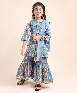 Teentaare Cotton Woven Full Sleeves Kurta & Sharara Set Floral Print - Blue