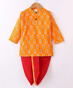 Teentaare Cotton Woven Full Sleeves Kurta & Dhoti Floral Print - Orange & Red