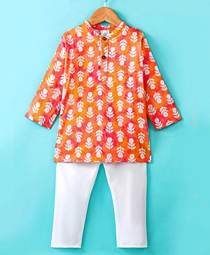 Teentaare Cotton Woven Full Sleeves Kurta & Pyjama Set Floral Print - Red & Orange