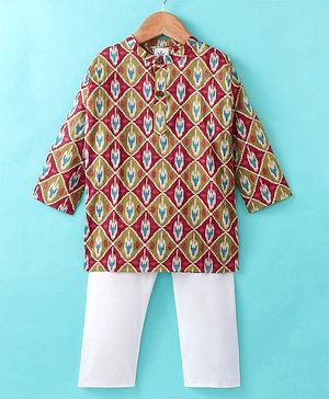 Teentaare Cotton Woven Full Sleeves Kurta & Full Length Pyjama Set Abstract Print - Red & White