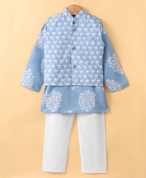 Teentaare Cotton Full Sleeves Kurta Pyjama Set with Waist Coat Set Camel Print - Light Blue