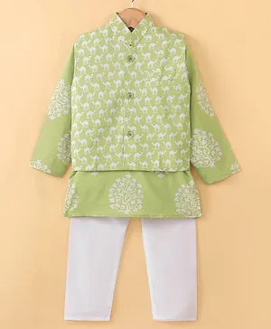 Teentaare Cotton Full Sleeves Kurta Pyjama Set with Waist Coat Set Camel Print - Green
