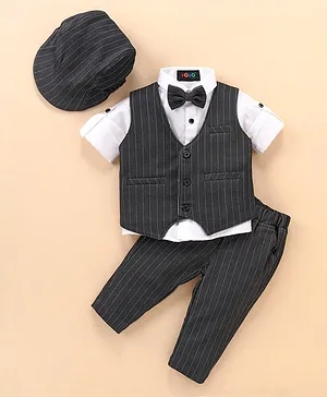 Robo Fry Full Sleeves Party Suit with Bow & Hat Striped - Black