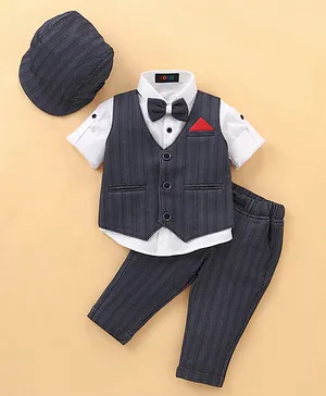 Robo Fry Full Sleeves Party Suit With Bow & Cap Chevron Print - Navy Blue