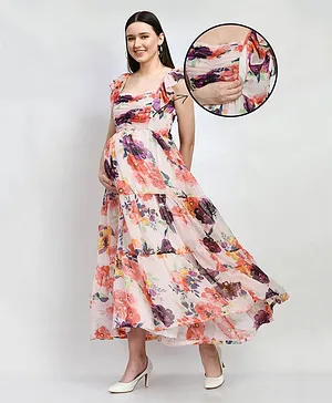 Mometernity Half Sleeves Chiffon Floral Printed Maternity & Nursing Maxi Dress - Multi Colour White