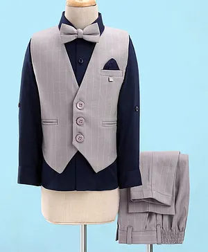 Robo Fry Cotton Full Sleeves Striped Party Suit With Waistcoat & Bow- Grey & Blue