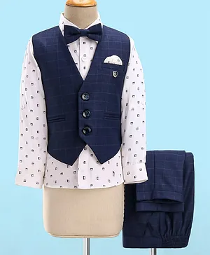 Robo Fry Woven Full Sleeves Box Print Party Suit with Bow Tie - Blue