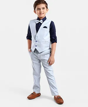 Robo Fry Cotton Full Sleeves Solid Party Suit With Waistcoat & Bow- Blue