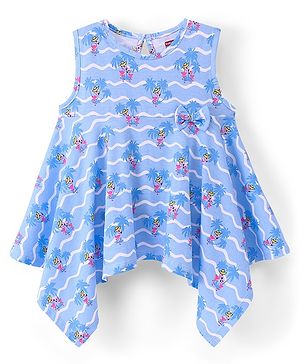Babyhug 100% Cotton Sleeveless Knit Top With Bow Detailing Flamingo Print- Blue