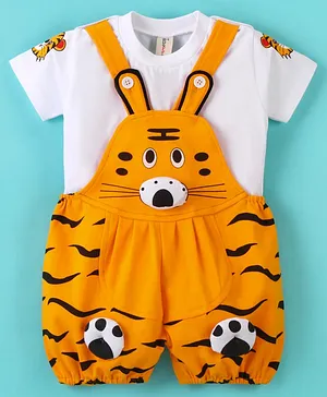 Dapper Dudes Half Sleeves Tiger Printed Detailed Dungaree With Tee - Yellow