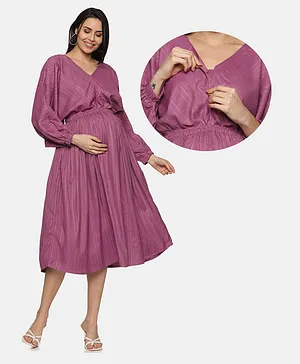 CHARISMOMIC Bishop Full Sleeves Striped Fit & Flare Midi Maternity Dress With Front Zipper Nursing Access - Purple