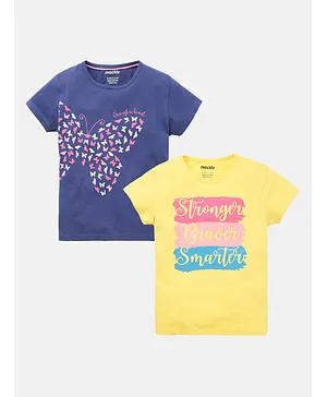 Mackly Pack Of 2 Half Sleeves Butterfly & Text  Printed Tees - Purple Yellow