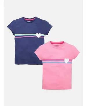 Mackly Pack Of 2 Half Sleeves Striped Heart Printed Tees - Navy Blue Pink