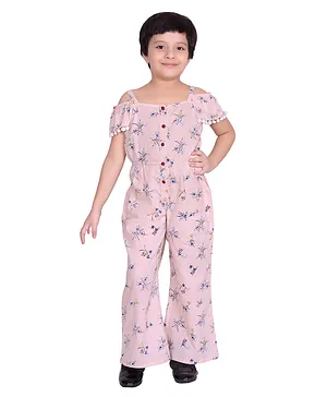 ShopperTree Pure Cotton Cold Shoulder Half Sleeves Floral Printed Jumpsuit - Pink
