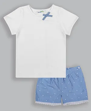 ShopperTree Half Sleeves Solid Tee With Dobby Embroidered Short - White Blue
