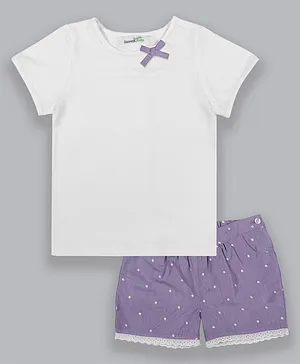 ShopperTree Half Sleeves Solid Tee With Dobby Embroidered Short - Purple & White