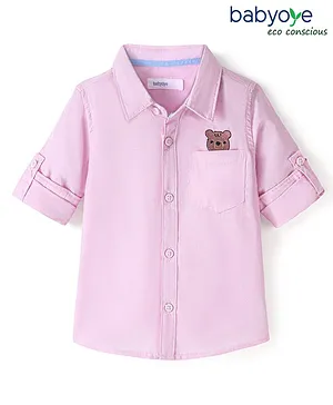 Babyoye 100% Cotton Woven Solid Dyed Full Sleeves Shirts Bear Embroidery - Pink
