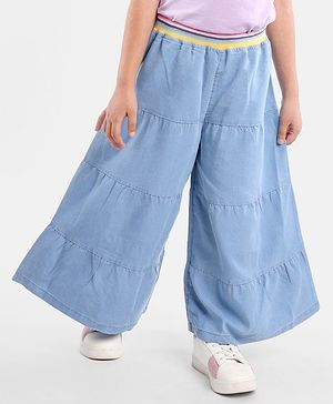 Babyhug Cotton Capri Length Washed Denim Culottes with Cut & Sew Design - Blue