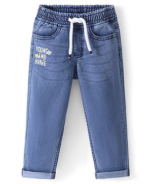 Babyhug Cotton Denim Full Length Stretchable Joggers Text Print- Blue
