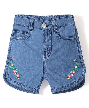 Babyhug Washed Denim Shorts Mid Thigh Floral Embroidered - Blue