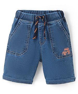 Babyhug Cotton Spandex Above Knee Length Bermuda  With Stretch Car Embroidered - Blue