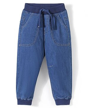Babyhug Cotton Denim Full Length Stretchable Joggers Solid- Blue