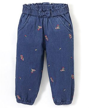 Babyhug 100% Cotton Full Length Denim Joggers with Floral Embroidery & Bow Applique - Blue