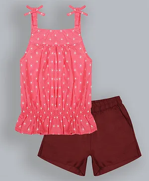 ShopperTree Pure Cotton Sleeveless All Over Motif Printed Balloon Top With Sold Shorts - Pink & Maroon