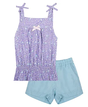 ShopperTree Pure Cotton Sleeveless All Over Paisley Swirl Printed Balloon Top With Sold Shorts - Purple & Blue
