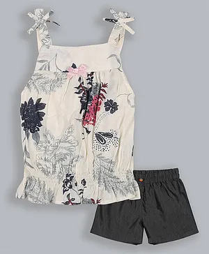 ShopperTree Pure Cotton Sleeveless All Over Floral Printed Balloon Top With Sold Shorts - Cream & Dark Grey