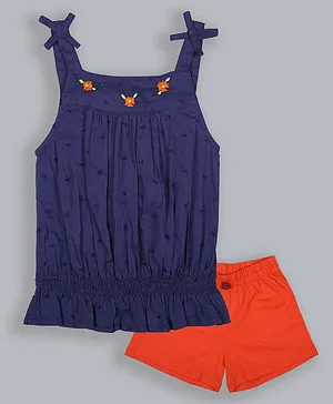 ShopperTree Pure Cotton Sleeveless All Over Floral Embroidered Balloon Top With Sold Shorts - Navy Blue & Orange