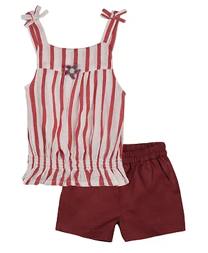 ShopperTree Sleeveless Flower Embroidered & Striped Balloon Top With Sold Shorts - Off White & Maroon