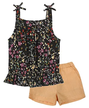 ShopperTree Sleeveless All Over Abstract Floral Printed Balloon Top With Sold Shorts - Black