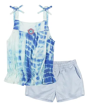 ShopperTree Sleeveless Shibori Tie & Dye Balloon Top With Sold Shorts - Blue