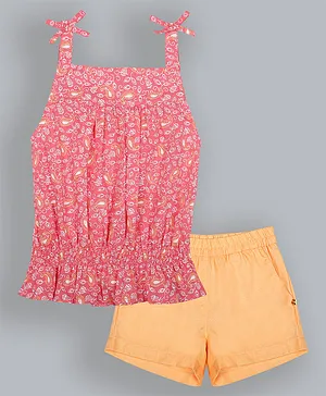 ShopperTree Pure Cotton Sleeveless Paisley Printed Elasticated Top with Solid Shorts - Baby Pink & Peach