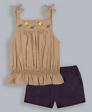 ShopperTree Pure Cotton Sleeveless Floral Embroidered Top With Shorts - Brown Purple