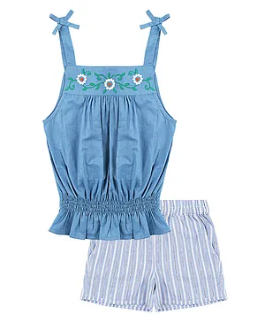 ShopperTree Pure Cotton Sleeveless Floral Embroidered Top With Striped Shorts - Blue