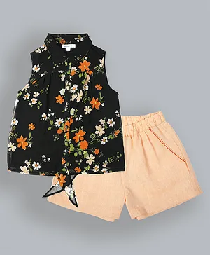 ShopperTree Sleeveless Floral Printed Top With Short - Black Peach