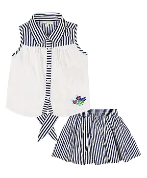 ShopperTree Pure Cotton Striped Floral Embroidered Top With Skirt - White Blue